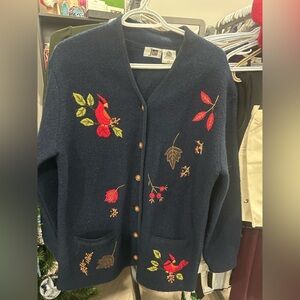 100% Wool Juli Navy Blue Cardigan with Nature Embroidery